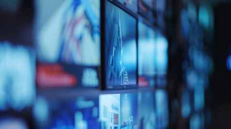 A television mounted on the wall with the news playing on muteの素材