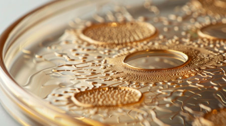 A petri dish with agar gel and bacteria colonies growing in intricate patternsの素材