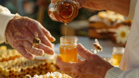 A vendors hands pouring a sample of local honey into a small jar for a customer to taste with a backdrop of honeycombs and beekeeping toolsの素材