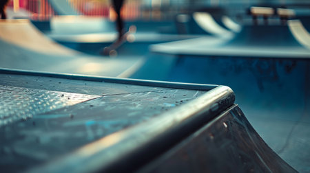 A detailed shot of a series of ramps and obstacles with a skateboarder midtrick in the backgroundの素材