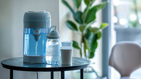 A water dispenser and cups on a small table in the cornerの素材