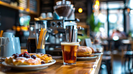 A cozy cafe serving hot and cold drinks pastries and sandwichesの素材