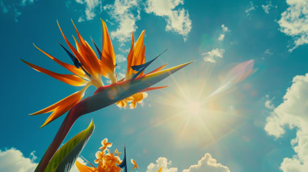 A towering bird of paradise plant its dramatic blooms reaching towards the skyの素材