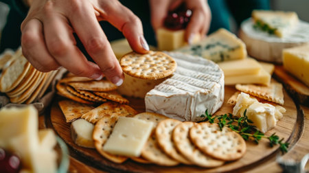 A vendors hands carefully arranging a cheese board with a variety of aged and soft cheeses surrounded by crackers and jamの素材
