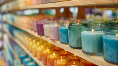 A colorful array of handcrafted candles with different scents and sizes neatly displayed on shelvesの素材