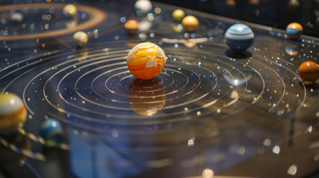 An interactive solar system model allows guests to move the planets and see how their orbits changeの素材