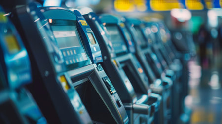 A row of ticketing machines for selfcheckin with passengers scanning their boarding passes and printing their luggage tagsの素材