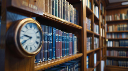 Antique clock ticking away time on bookshelf full of law booksの素材