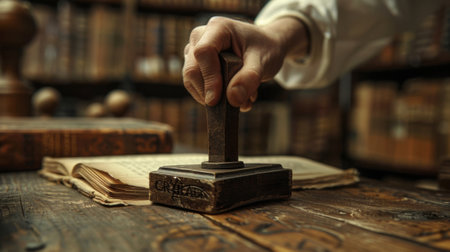 Librarian stamping old book with blurred books in backgroundの素材