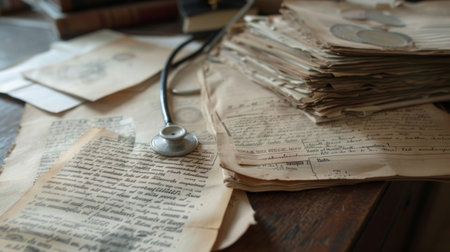 Stethoscope laying on stack of old medical documentsの素材
