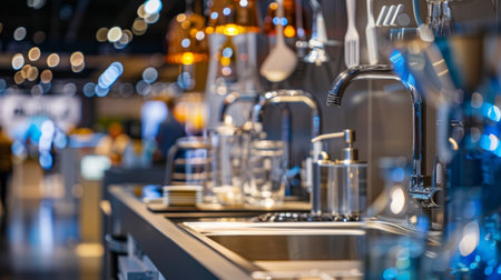 Modern kitchen showroom displaying water taps and sinksの素材