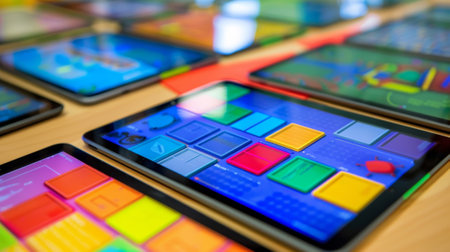 Digital tablets displaying colorful widgets lying on a deskの素材