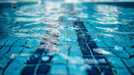 Water surface reflecting sunlight on swimming pool with black linesの素材