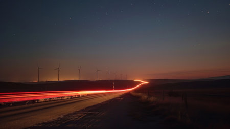 A peaceful night sky illuminated by car light trails weaving through the tranquil atmosphere of quiet wind farmsの素材