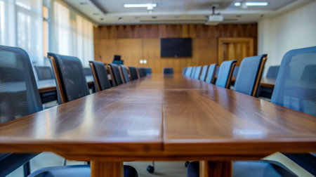 Polished meeting table waiting for business people in modern conference roomの素材