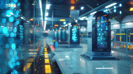 Futuristic empty subway platform showing digital signage and 5g technologyの素材
