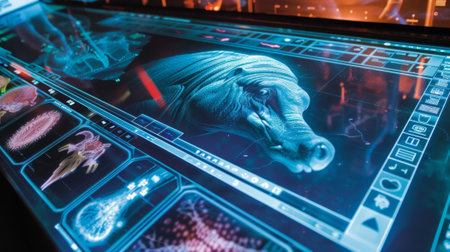 Scientist analyzing extinct animal data on futuristic computer interfaceの素材
