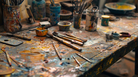 Paintbrushes laying on table in art studio covered in colorful paint splatterの素材