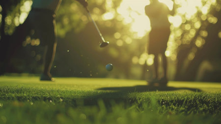 Defocused silhouettes swinging clubs on a green practicing outdoor golfの素材