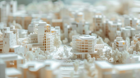An intricate model of a mixeduse development with various individual units and public spaces clearly defined and labelledの素材