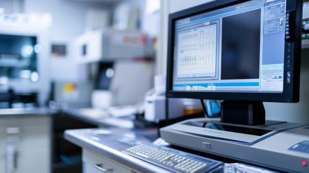 A detailed shot of a digital preservation station with a computer screen and scanner for capturing highresolution images of photographsの素材