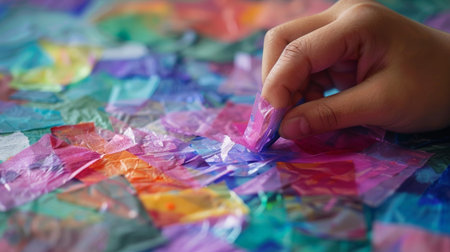 A closeup of a students hand delicately ting out shapes from colored tissue paper adding layers to their collage projectの素材