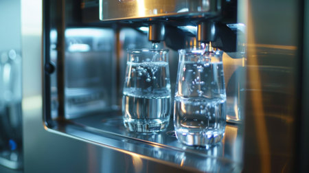 Modern refrigerator dispensing fresh clean water into glassesの素材