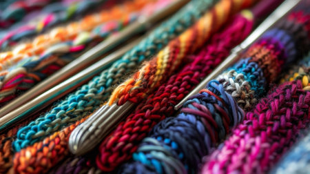 Knitting needles holding colorful yarn creating warm winter clothingの素材