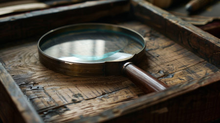 A detailed shot of a wooden frame containing a magnifying glass ready for use in examining small details in photographsの素材