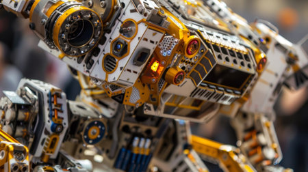 A closeup of a teams competition robot featuring intricate and detailed designs on its exteriorの素材