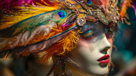 A mannequin adorned with a stunning 1920s headpiece covered in feathers beads and sequinsの素材