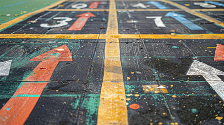 Colorful hopscotch court with numbers and arrows pointing upの素材