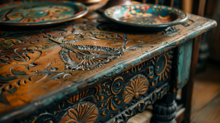 Antique wooden table showing carvings and painted platesの素材