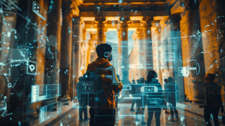 Student exploring ancient ruins with futuristic augmented reality interfaceの素材