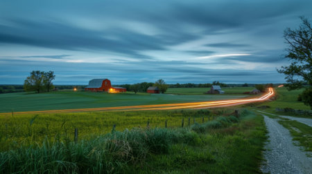 A serene rural landscape with the brilliant trails of passing cars adding a touch of liveliness to the scene of idyllic historic farmsの素材