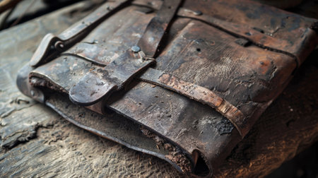 Ancient leather bound book resting on wooden tableの素材