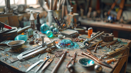 Glassblowing tools laying on workshop table covered in colorful dustの素材