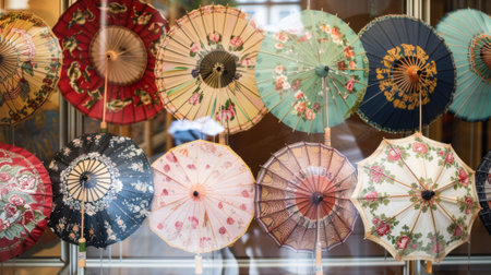 Traditional japanese umbrellas decorating a shop windowの素材