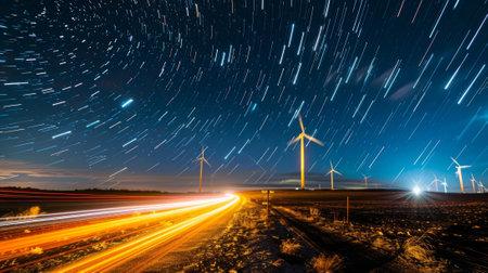 A starry sky backdrop for the intricate dance of car light trails and towering wind turbines both moving in perfect syncの素材
