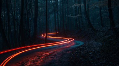 The dark enchanted forest comes to life as car light trails create a mesmerizing path through the shadowsの素材