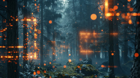 Futuristic forest glowing with digital orange lights in the darkの素材