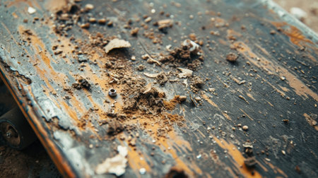 Closeup of a skateboarders grip tape with bits of dirt and debris sticking to the surfaceの素材
