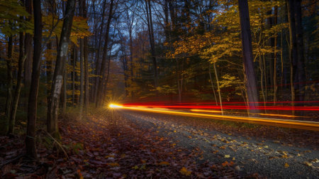 A burst of color and movement as car light trails bring the forest pathway to life in the darkness of nightの素材