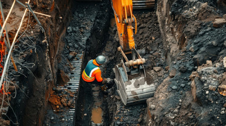 A construction worker operating an excavator creating a deep trench for the foundation of a new buildingの素材