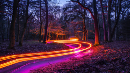 Vibrant car light trails create a pathway of magical possibilities beckoning those who dare to venture into the depths of the forestの素材