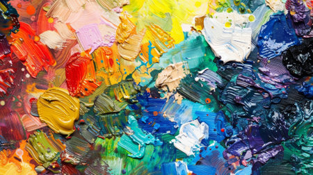 A closeup of a palette filled with vibrant watercolor paints ready to be used for a new painting projectの素材