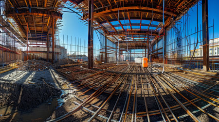 A panoramic view of the entire rebar framework showcasing its strength and complexityの素材