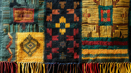 An upclose view of a handwoven wall hanging showcasing an array of geometric patterns and bold colorsの素材