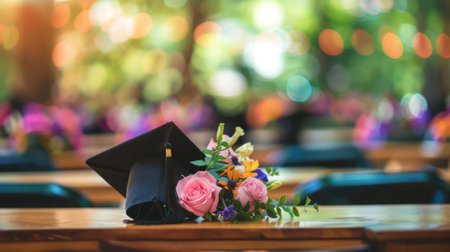 Blurry centerpiece of graduation flowers on the main tablの素材