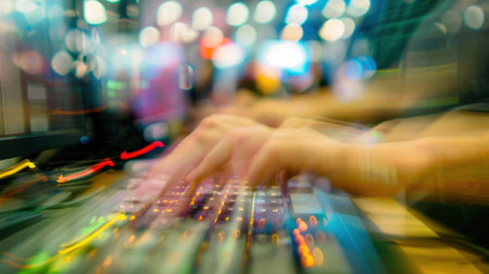 A blur of hands typing feverishly on keyboards as attendees compete in a coding competition at a tech conventionの素材